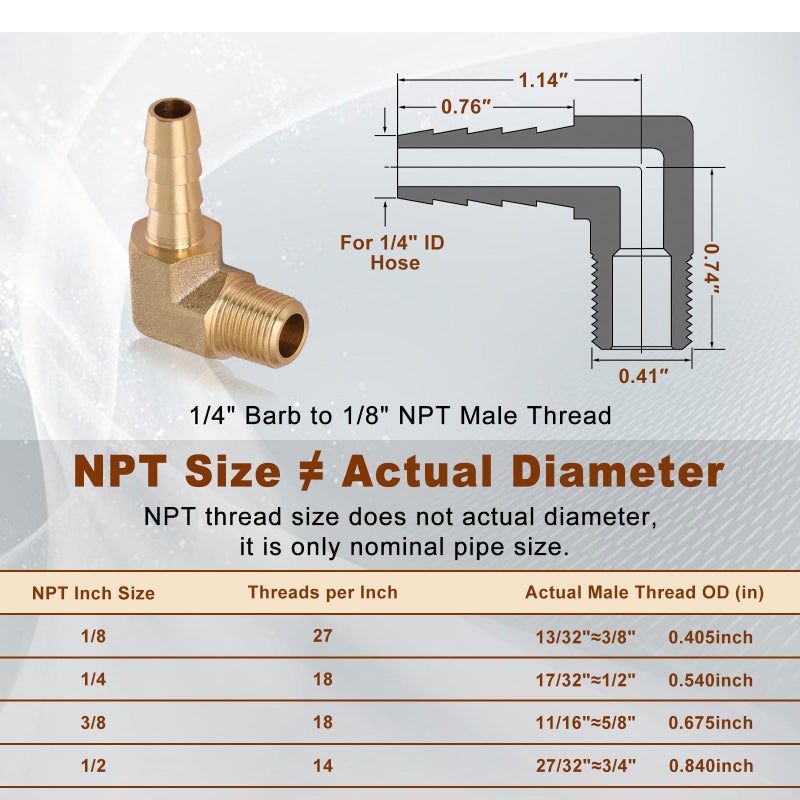 Boeray 5pcs Brass Hose Barb Fittings 90 Degree Elbow 1/4 Inch Barb to 1/8 Inch NPT Male Thread Air Hose Fittings Adapter Connector Water Fuel Air Line Fittings Elbow Fittings - Image 2